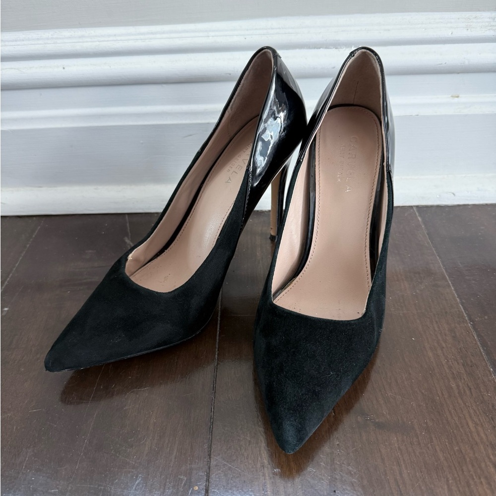 Designer Black Suede Patent Leather Women's Heels